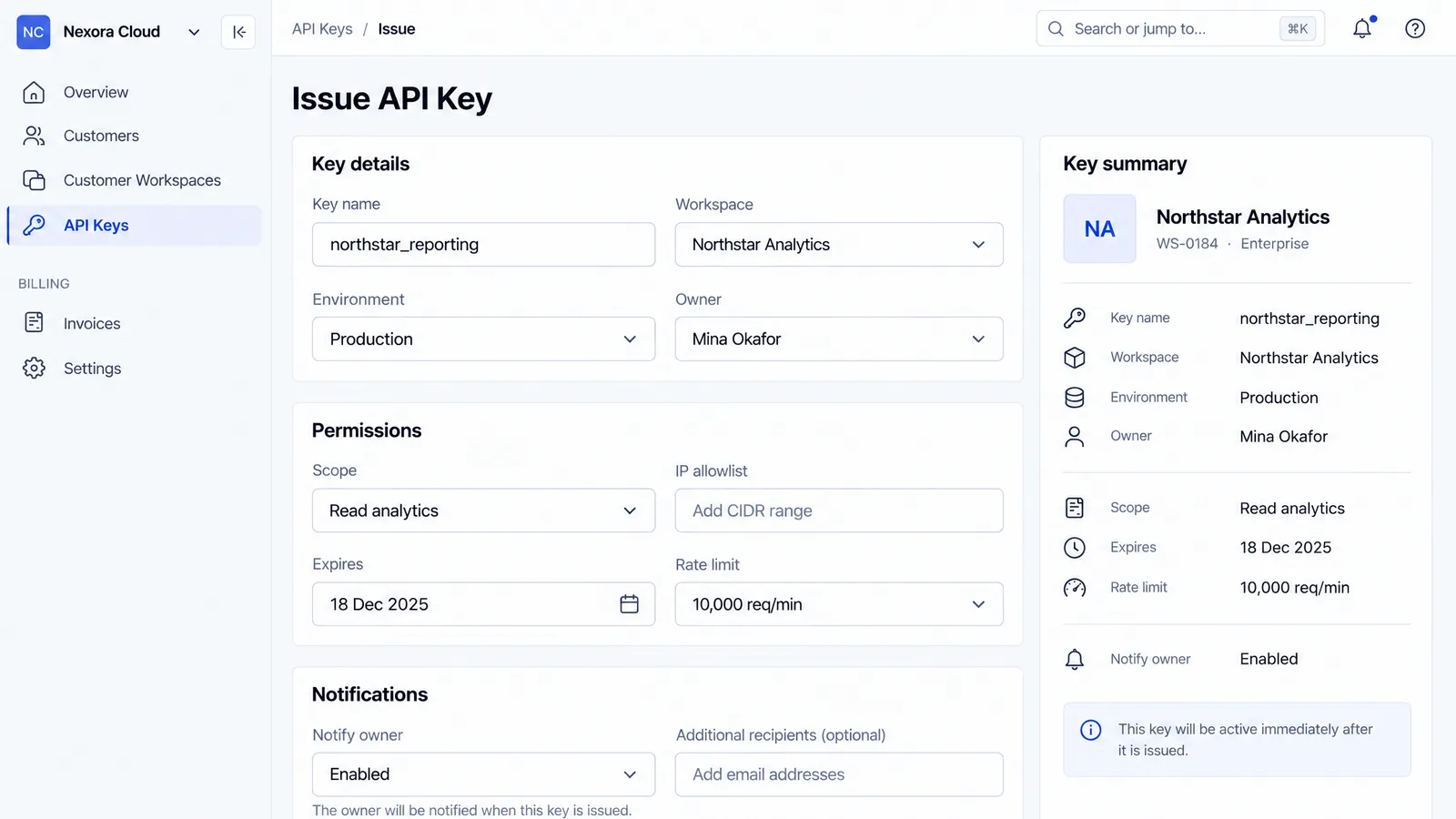 Nexora Console Issue API Key screen: key details and permissions form with a live key summary for Northstar Analytics