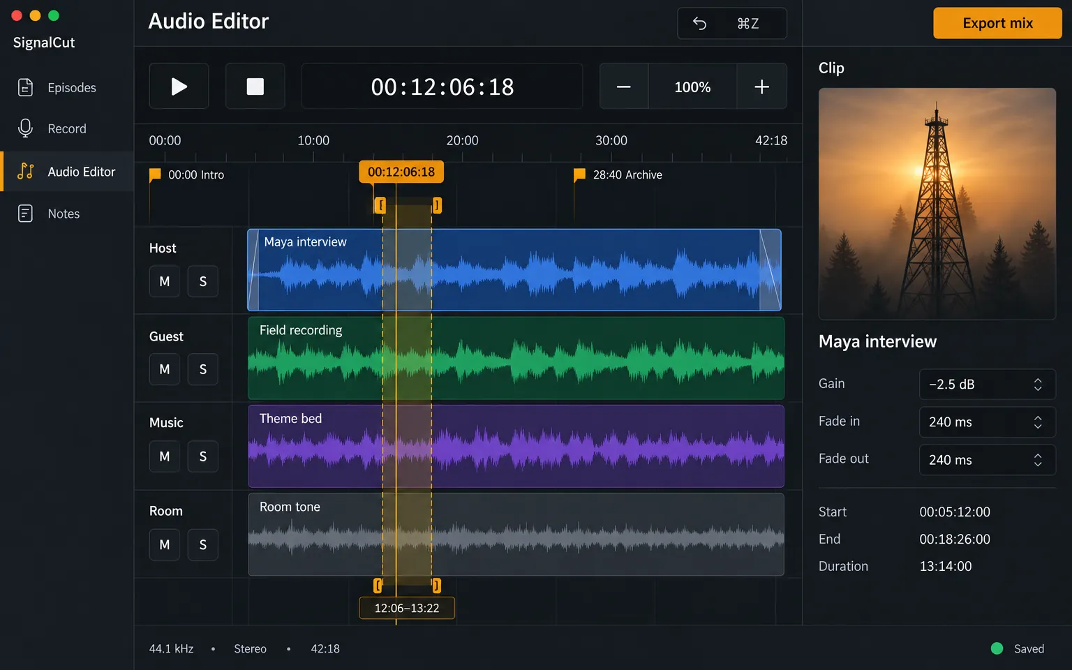 SignalCut Audio Editor window: dark multitrack editor with host, guest, music and room-tone waveforms and a panel for the selected Maya interview clip