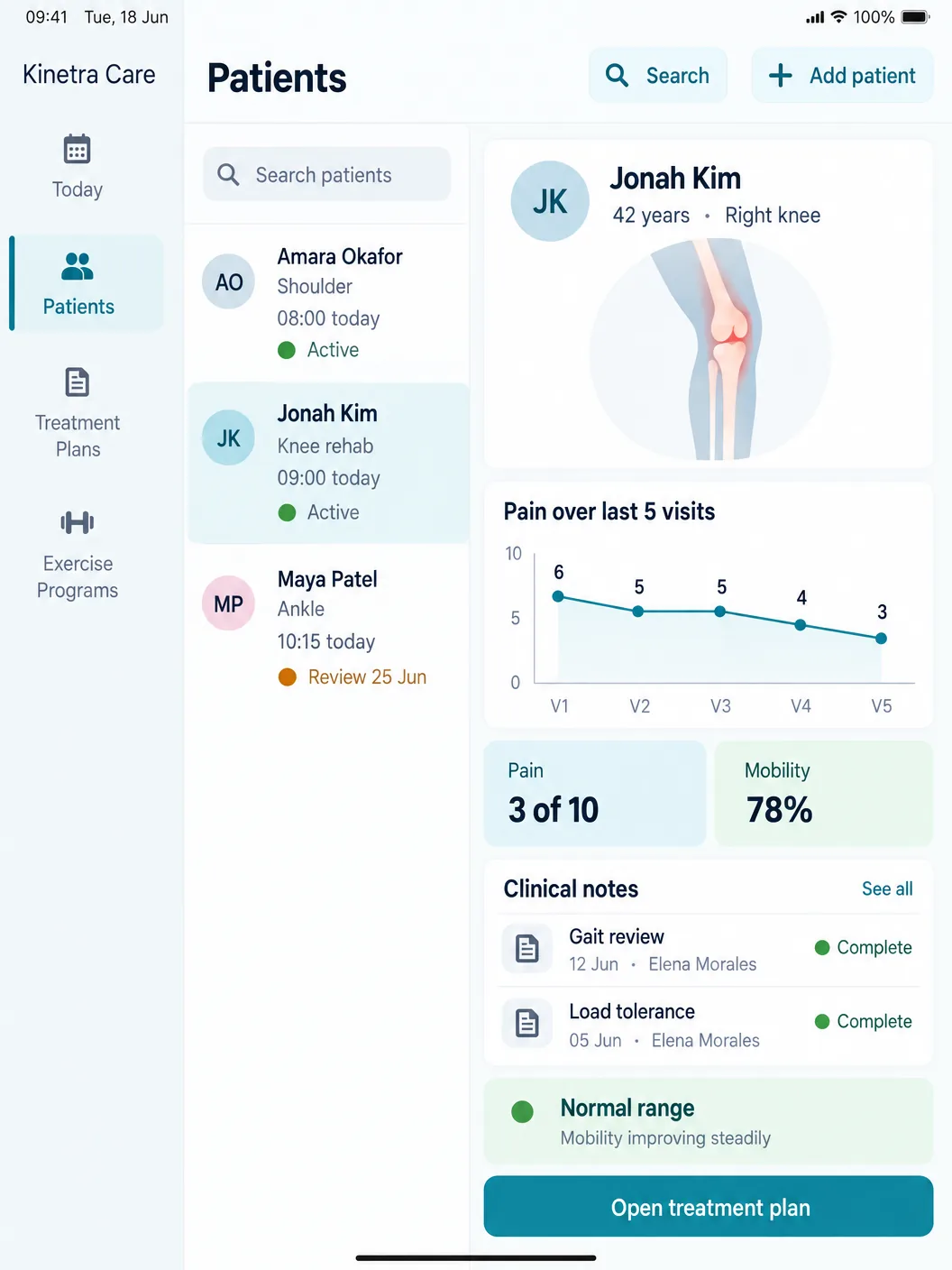 Patients screen — Find a patient record and review clinical history, current symptoms, outcomes, and upcoming care at a glance.