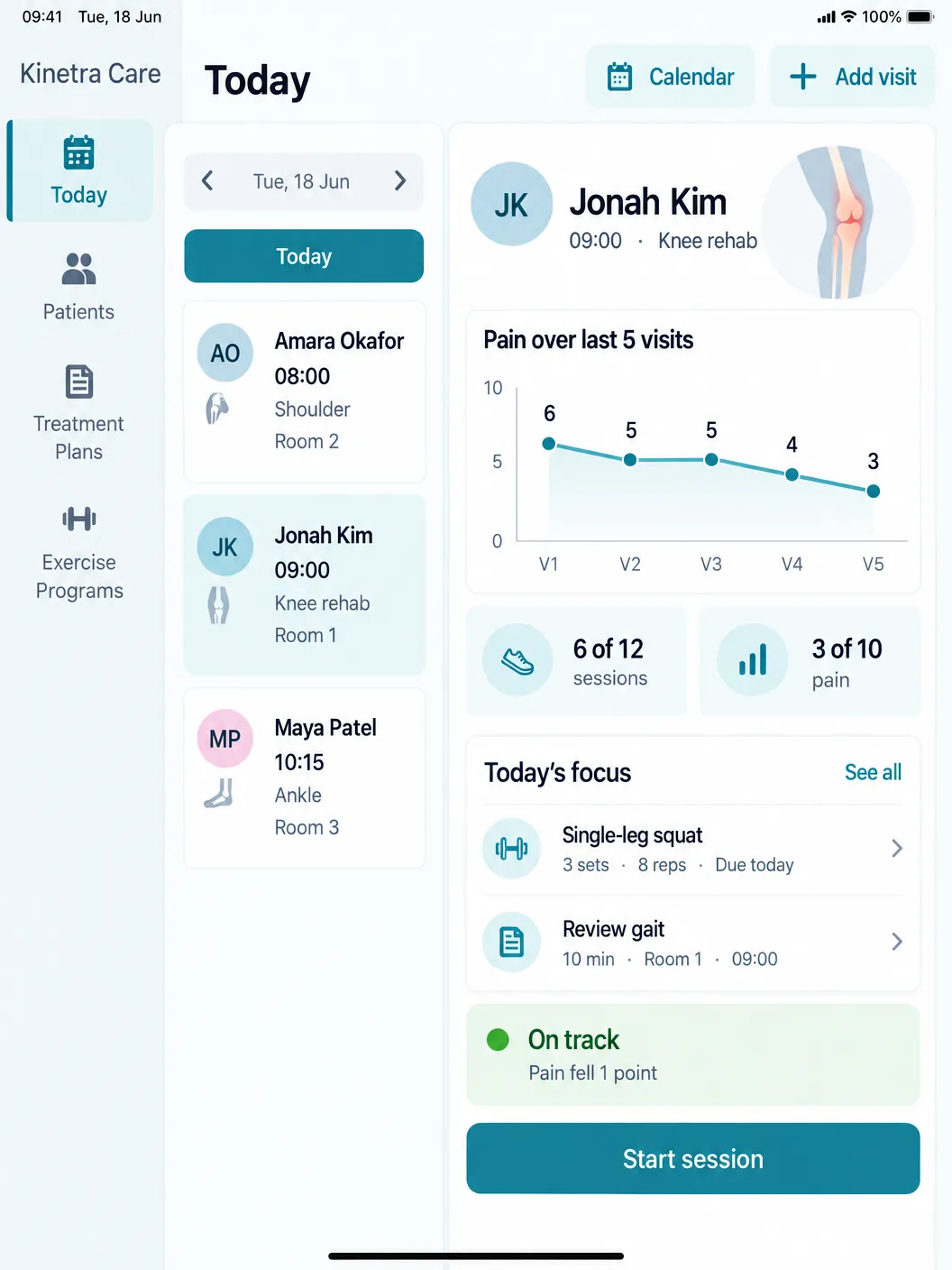 Today screen — Review today’s schedule and prepare for the selected patient appointment with key recovery information and prescribed work.