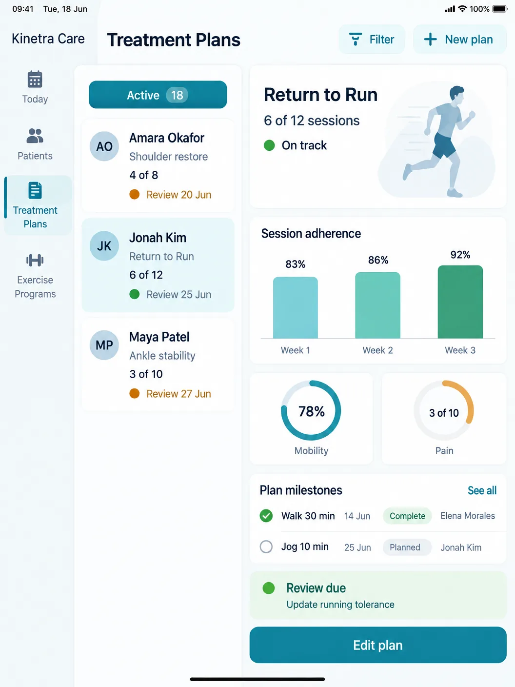Treatment Plans screen — Monitor active treatment plans, assess adherence and recovery outcomes, and prepare the next clinical review.