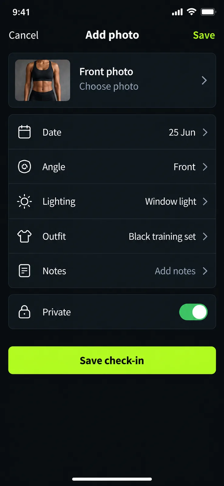 Add Photo screen — Save a new photo check-in with consistent date, angle, and lighting details.