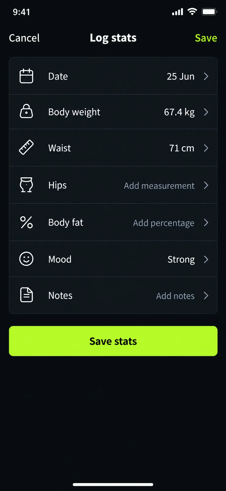 Log Stats screen — Record body measurements for the latest progress check-in.