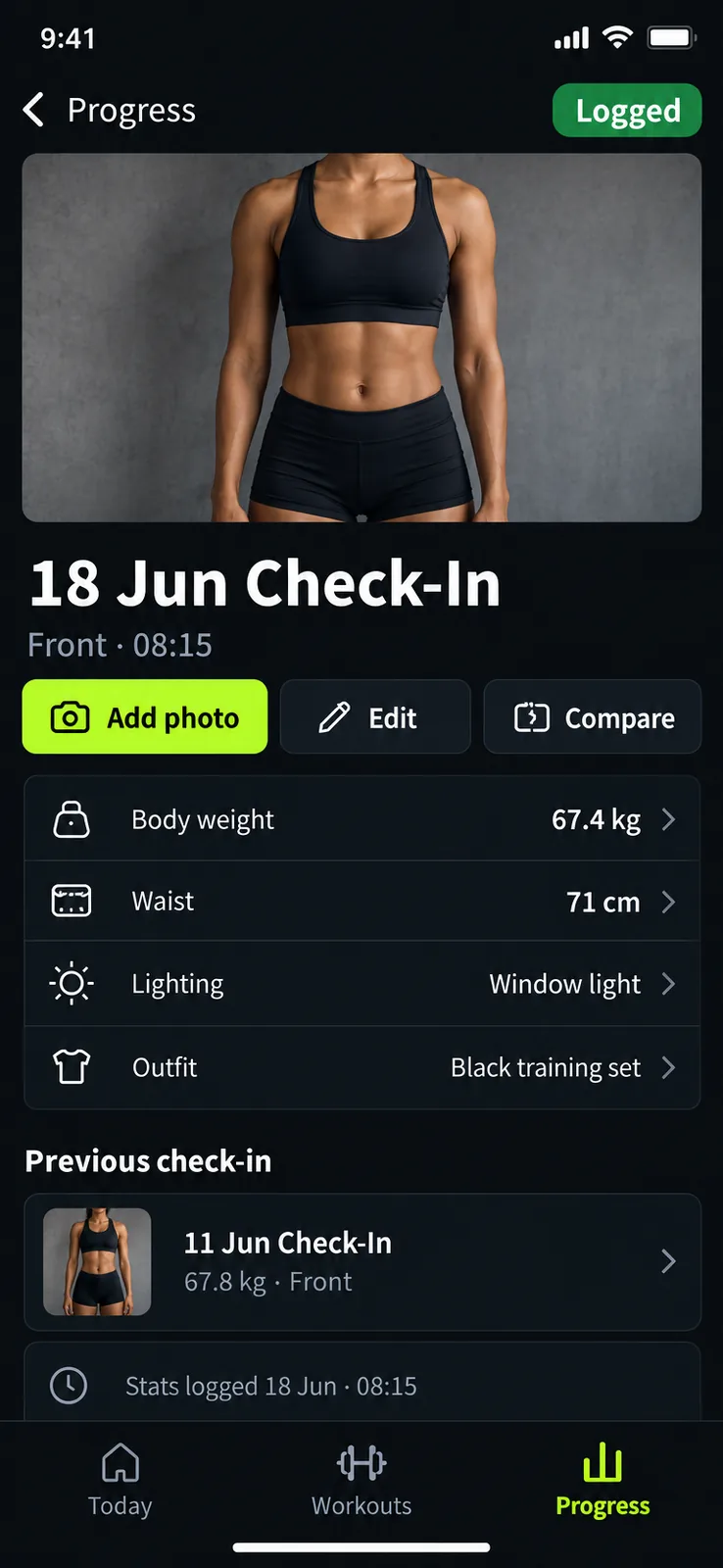 18 Jun Check-In screen — Inspect the latest progress photo check-in and its linked body measurements before adding another photo.