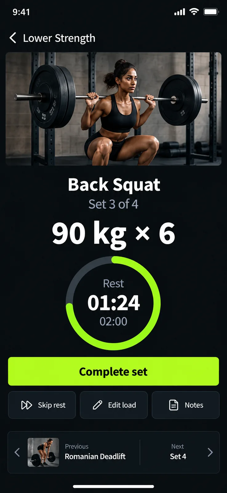 Live Workout screen — Complete the current Back Squat set with the prescribed reps and a live rest timer before moving to the next set.