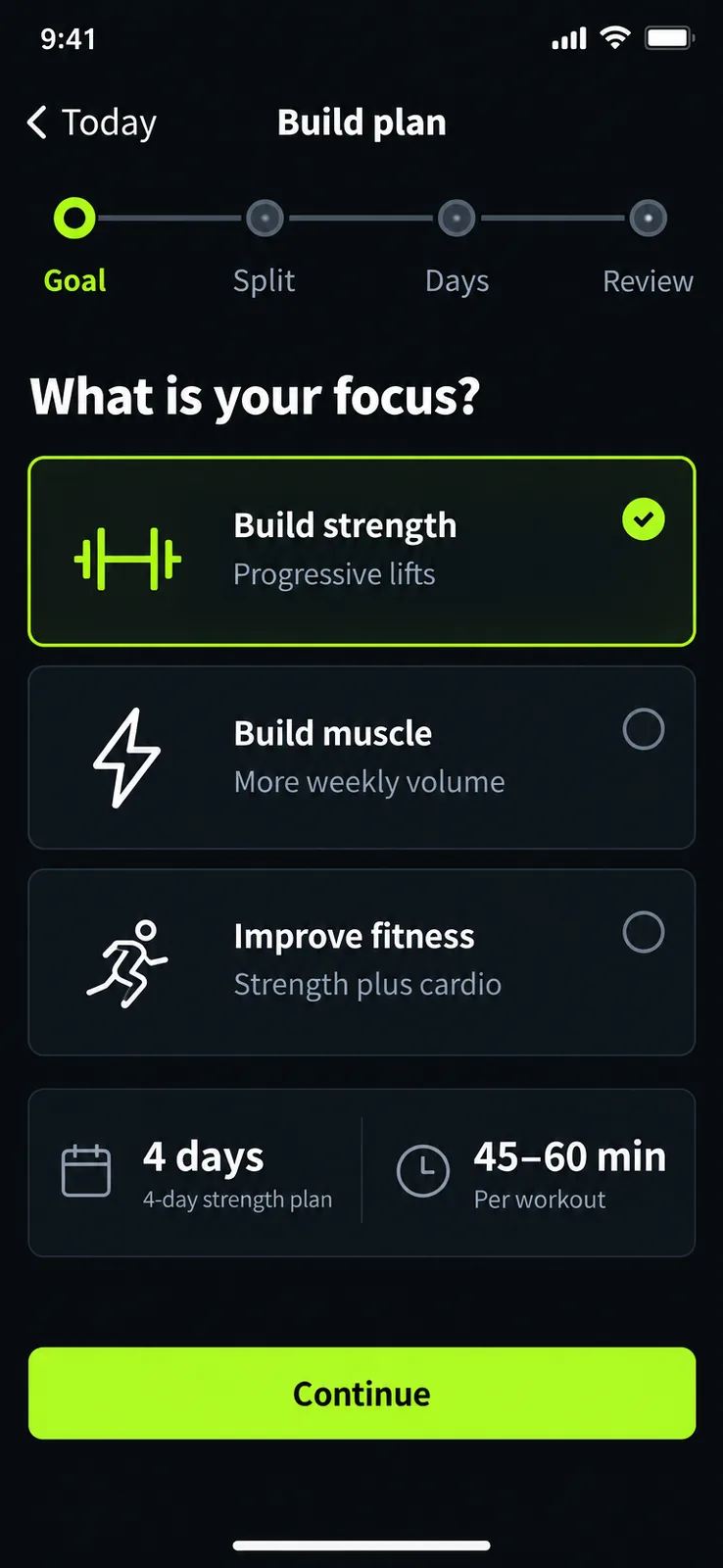 Build Plan screen — Choose the training focus and weekly structure for a new four-day strength plan.