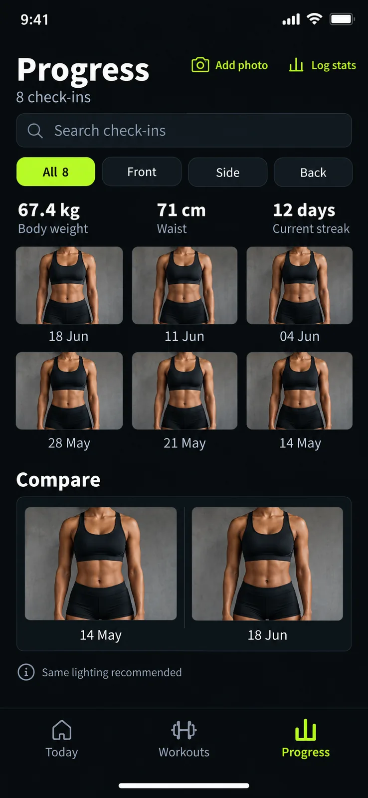 Progress screen — Review dated photo check-ins and current body measurements, then open a check-in or log new progress.