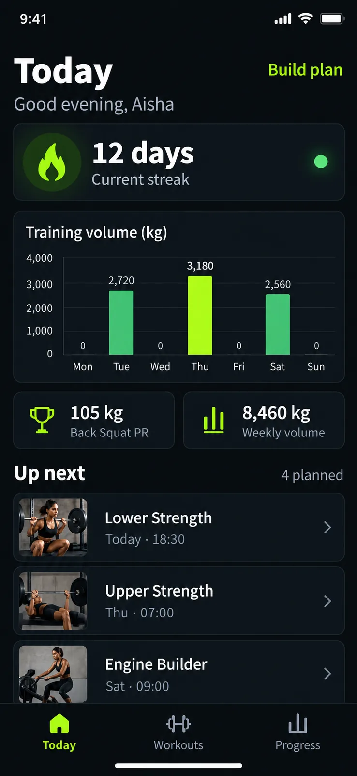 Today screen — Review weekly training momentum, personal records, and the next scheduled sessions. Start a rebuilt weekly plan when priorities change.