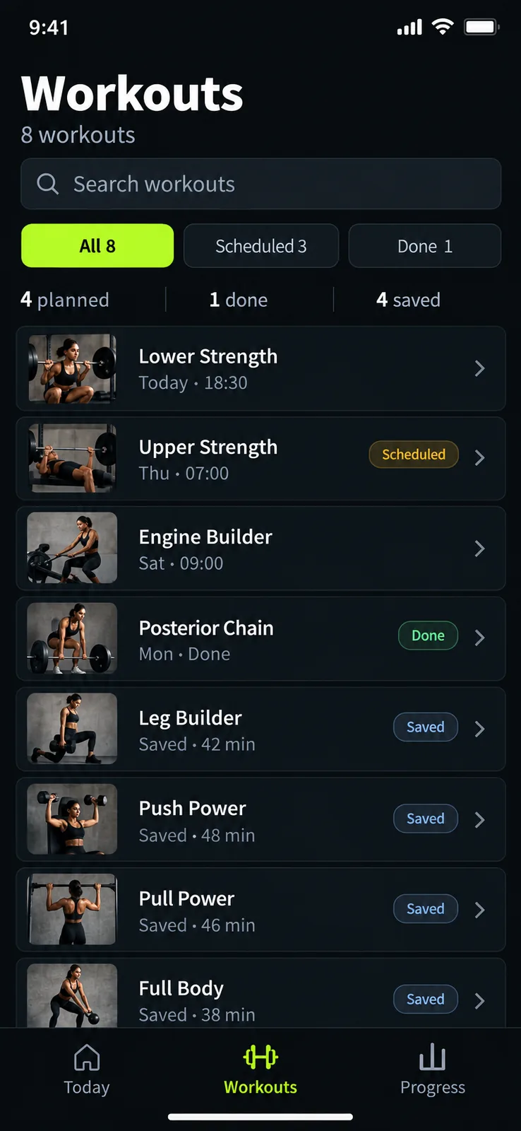 Workouts screen — Browse the current plan and saved workout templates, then open a workout before training.