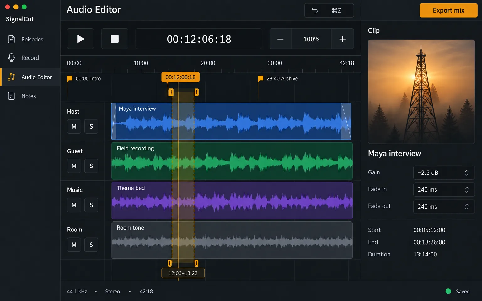 Audio Editor screen — Edit the multitrack waveform for The Quiet Signal with timeline-level clip selection and precise transport.