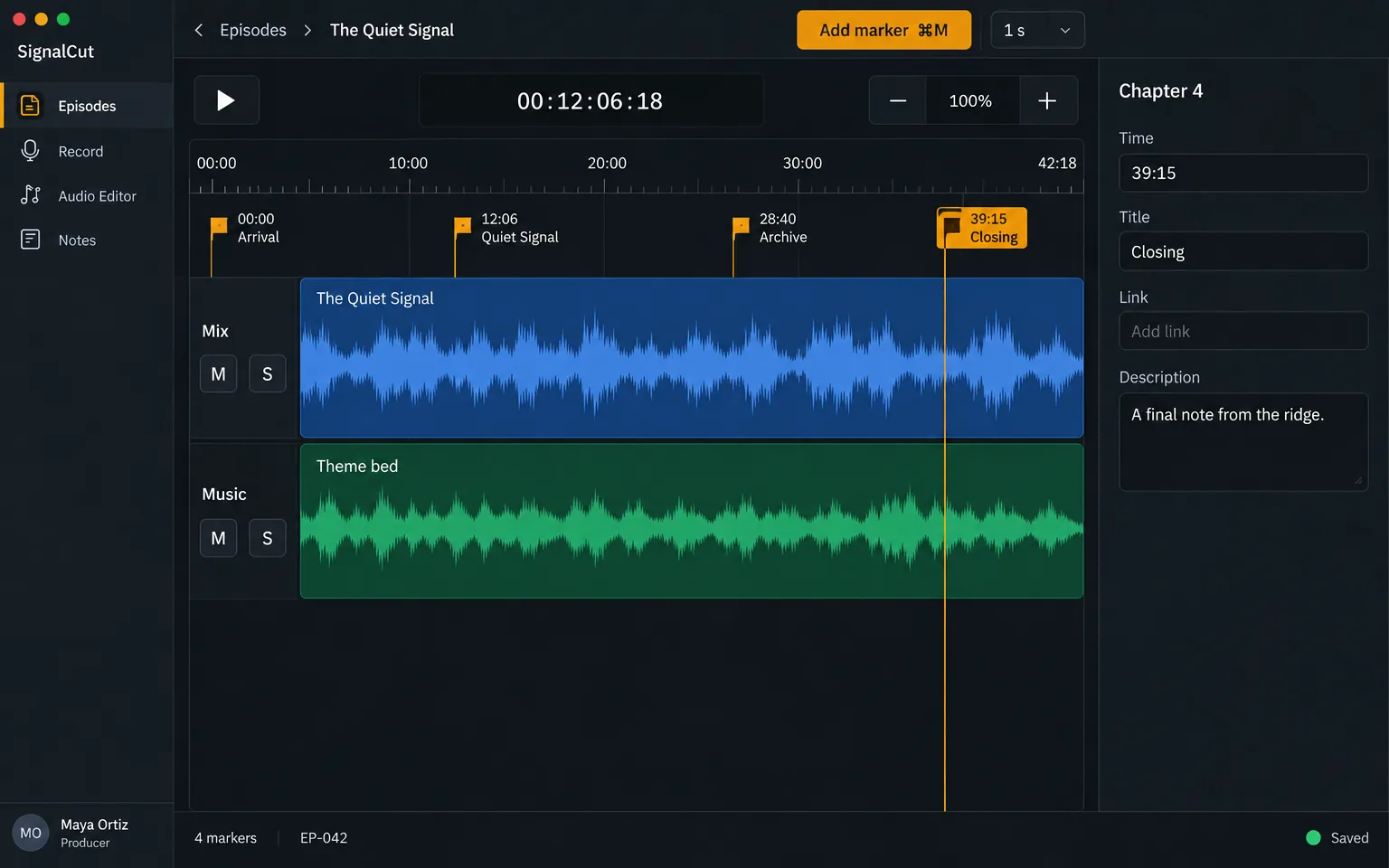 Chapters screen — Place and refine chapter markers against the waveform timeline for The Quiet Signal.