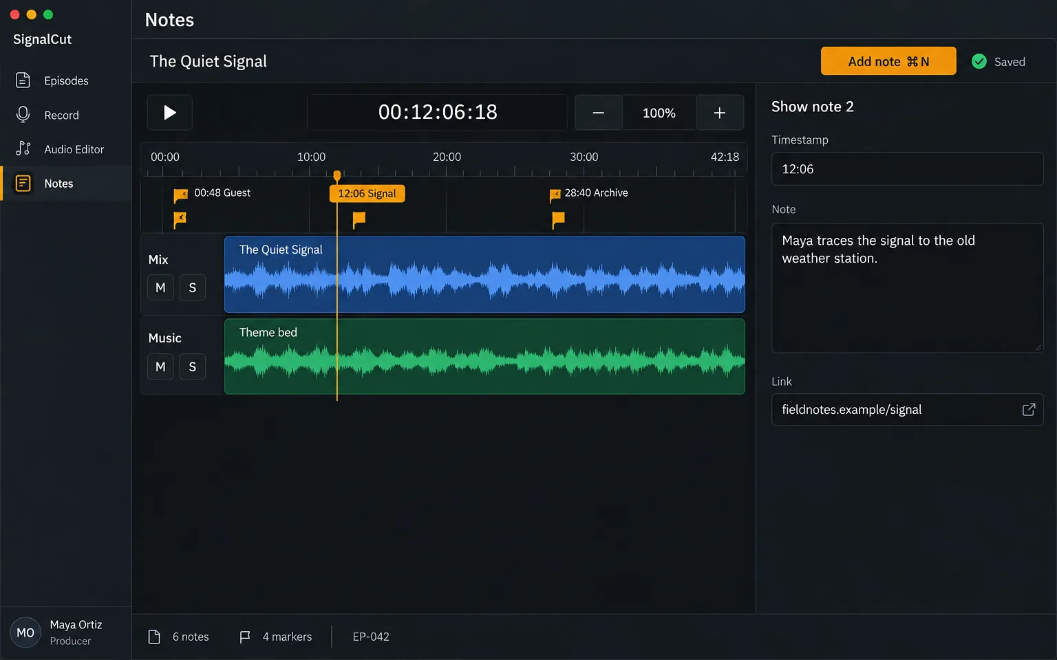 Notes screen — Write timestamped show notes while reviewing the episode timeline and selected chapter.