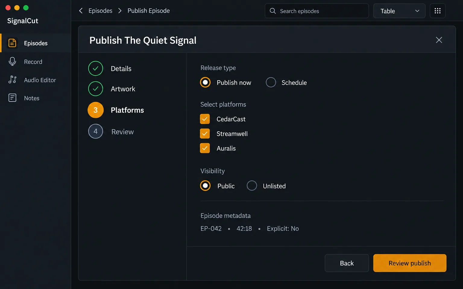 Publish Episode screen — Choose delivery settings and platforms before publishing The Quiet Signal.