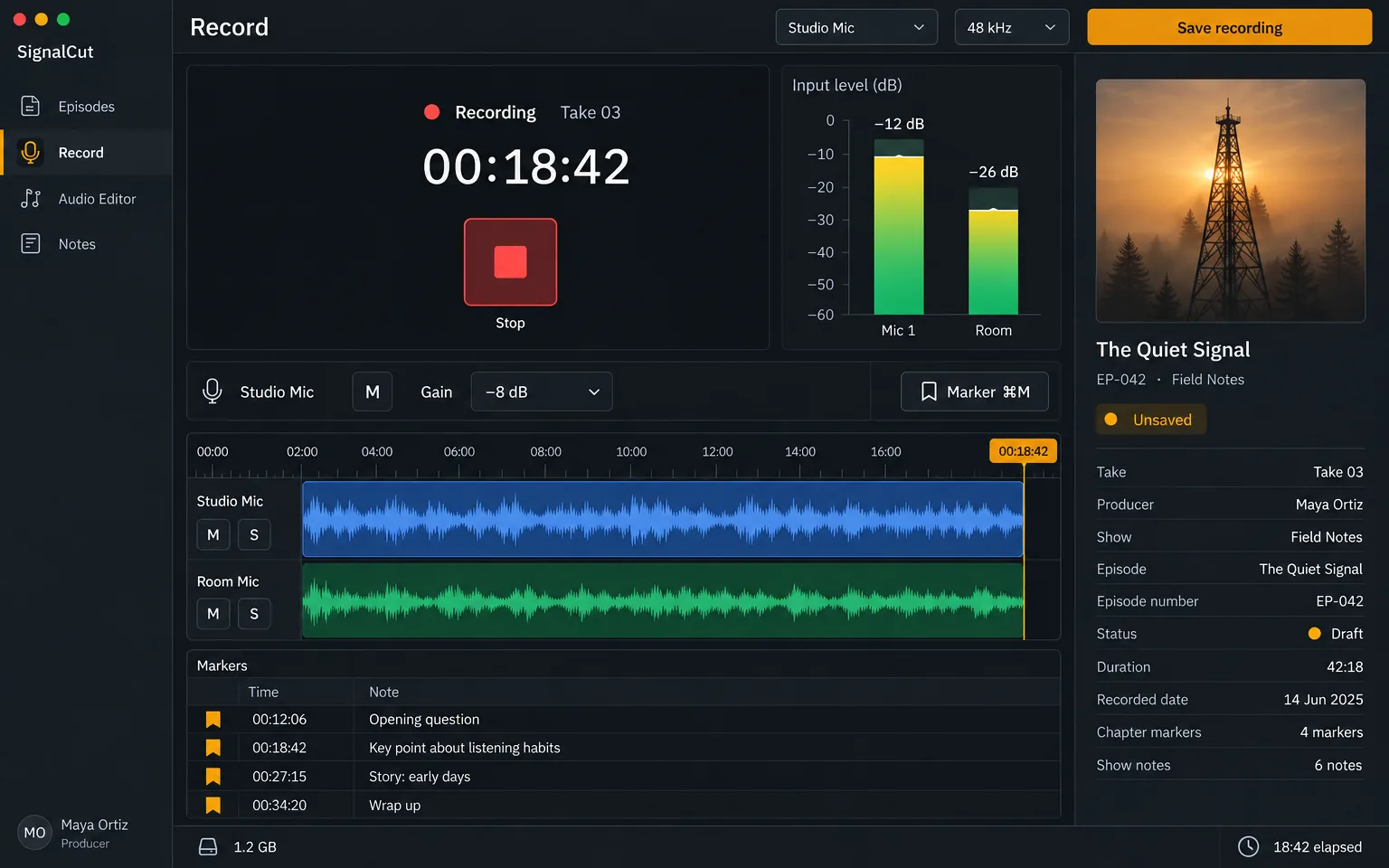 Record screen — Record a new Field Notes episode with live levels, input waveforms, and timestamped markers.