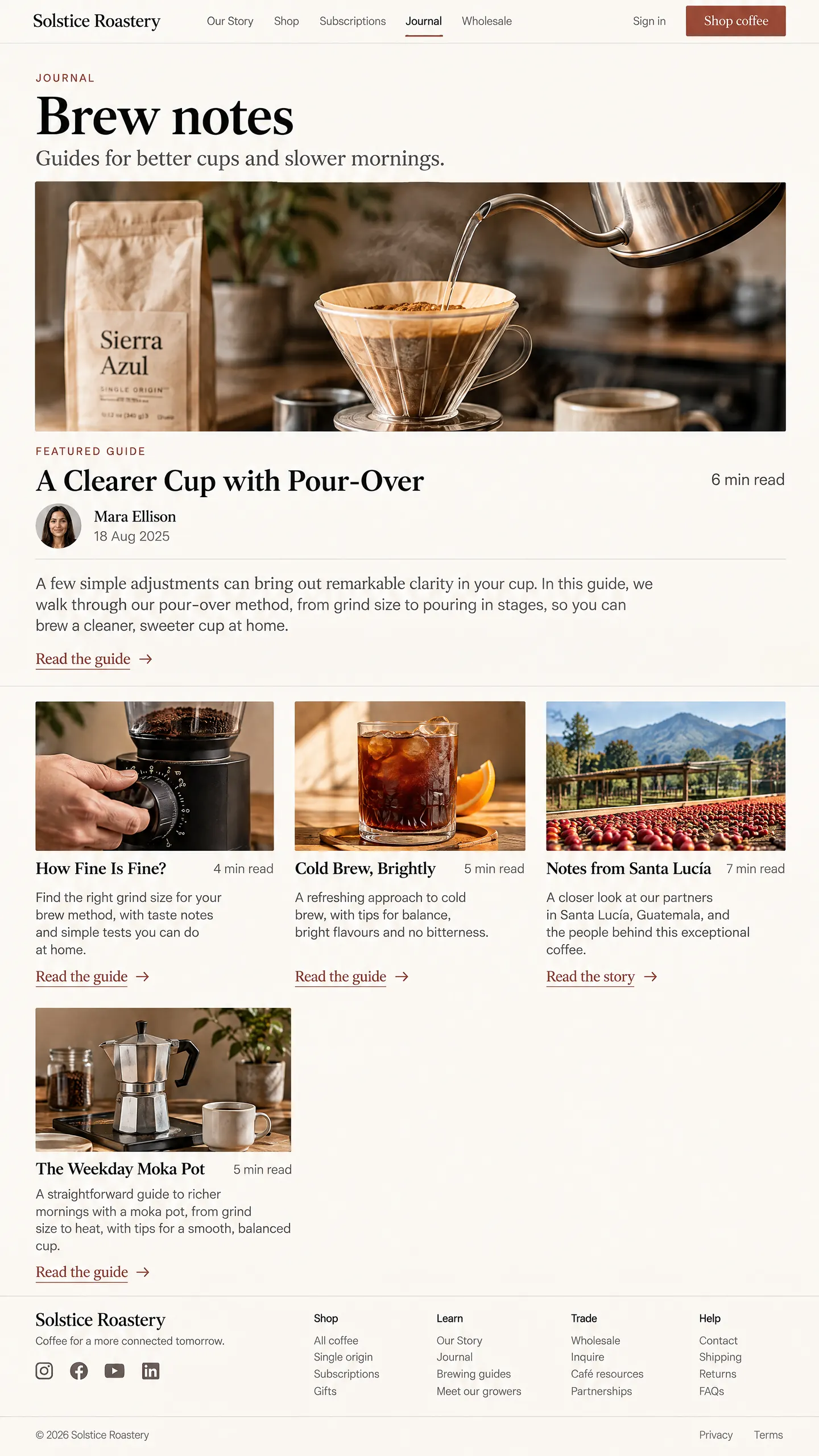 Journal screen — Help home brewers find approachable, detailed brewing guides and stories from the roastery.
