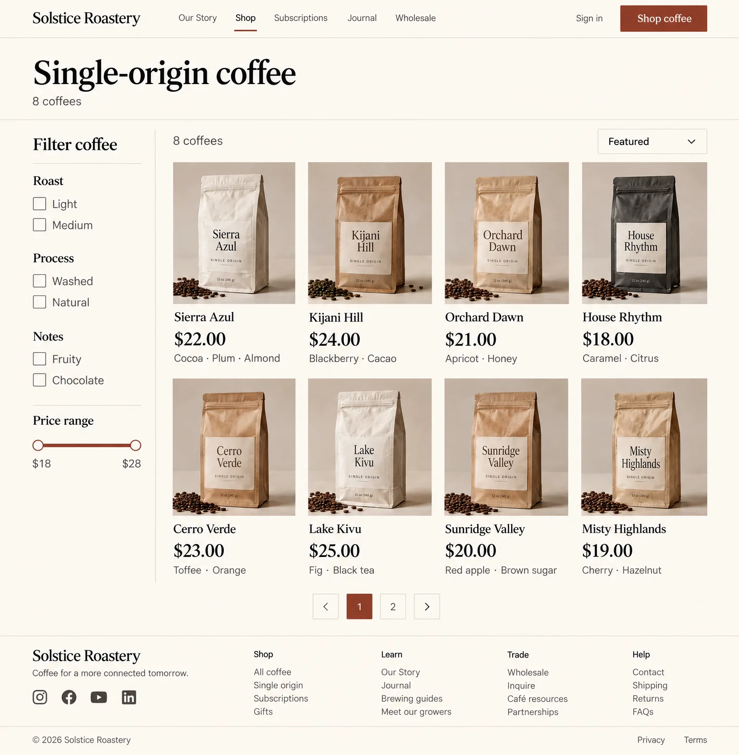 Shop screen — Browse the current single-origin collection, compare tasting notes, and choose a coffee to take home.