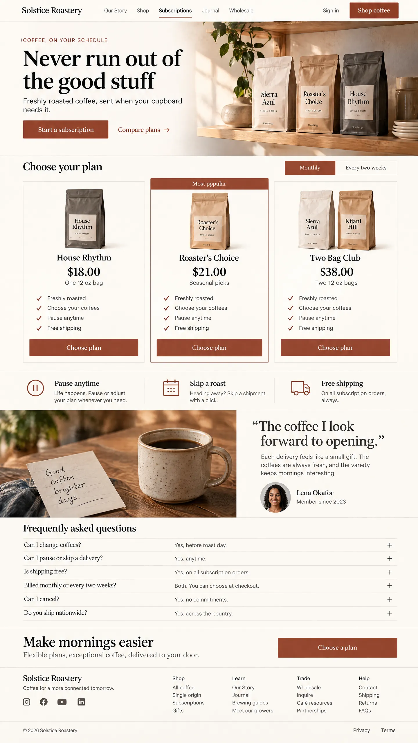 Subscriptions screen — Explain flexible coffee subscription plans, delivery cadence, pricing, and how members tailor each shipment.