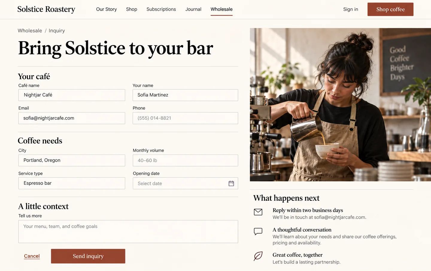 Wholesale screen — Let café owners share their wholesale needs and begin a conversation with the Solstice team.