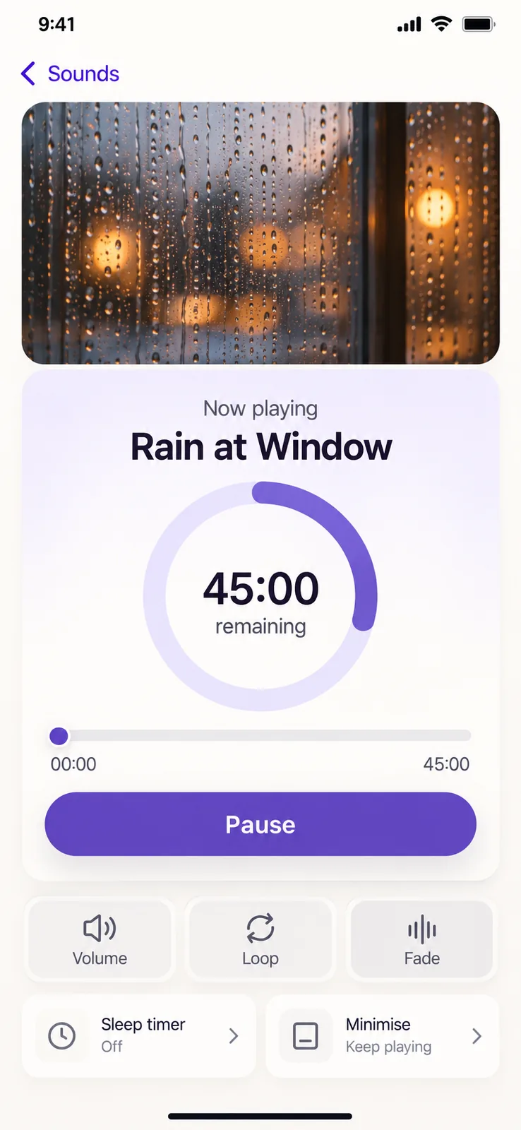 Ambient Player screen — Play a focused ambient soundscape with a clear timer and simple controls that keep the listener in the moment.