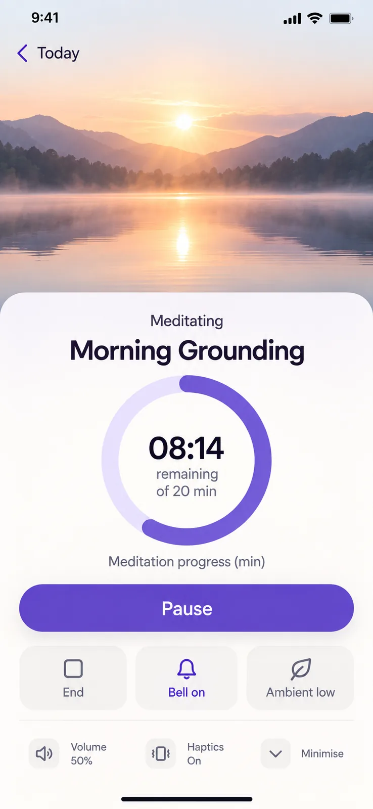 Meditation Timer screen — Stay in a distraction-free live meditation with visible elapsed time, progress, and quick playback controls.
