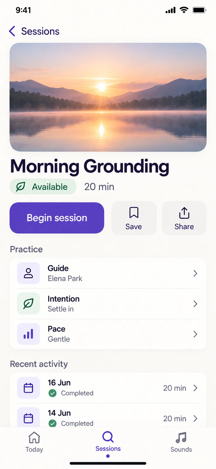 Morning Grounding screen — Review the featured guided session, its intention, and its recent practice history before beginning.