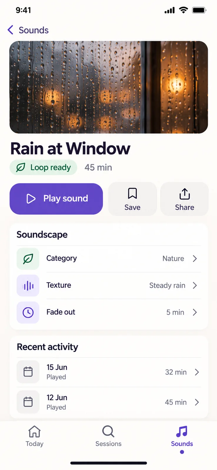Rain at Window screen — Review the selected rain soundscape and choose playback settings before entering the ambient player.
