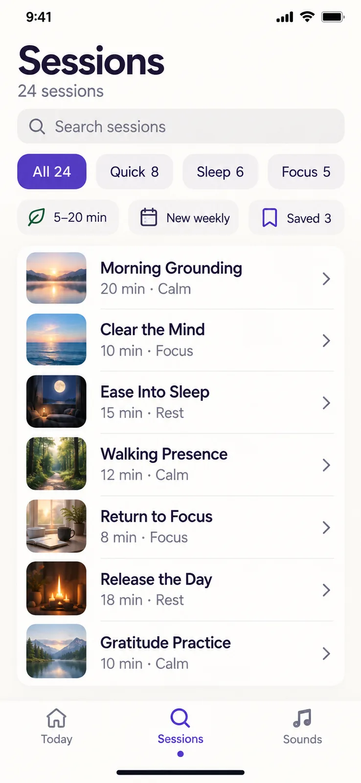 Sessions screen — Browse the complete guided meditation library and open a practice that suits the available time or intention.