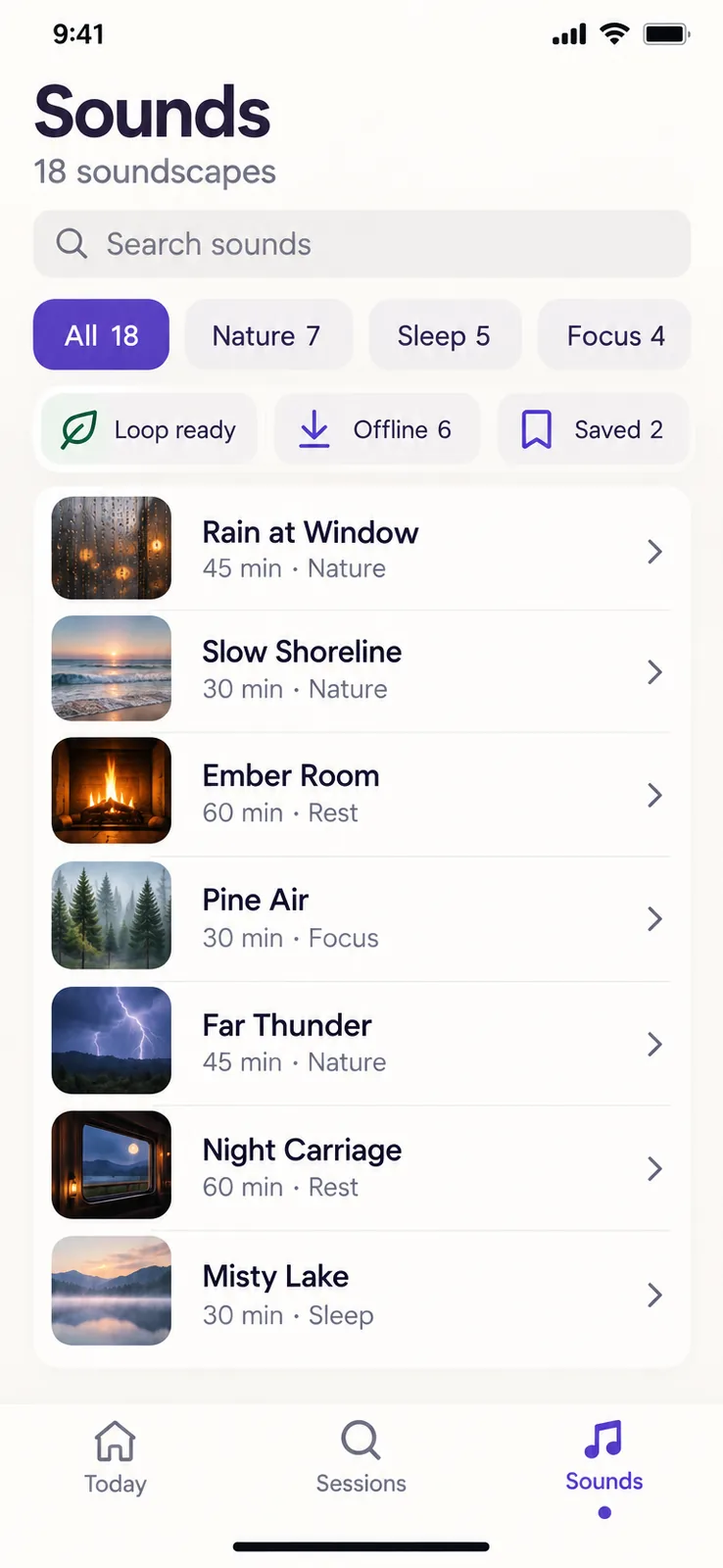 Sounds screen — Find an ambient soundscape for meditation, rest, or focused work and open it for playback.
