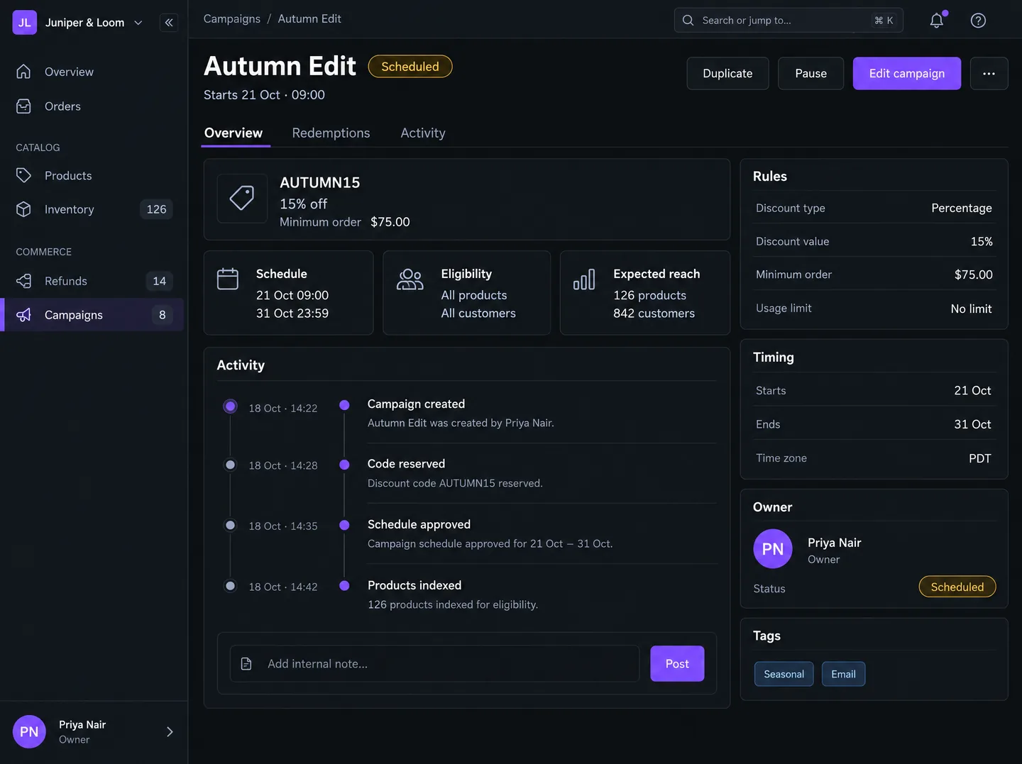 Autumn Edit screen — Verify the newly created promotion’s discount rules, timing, eligibility, and campaign activity.