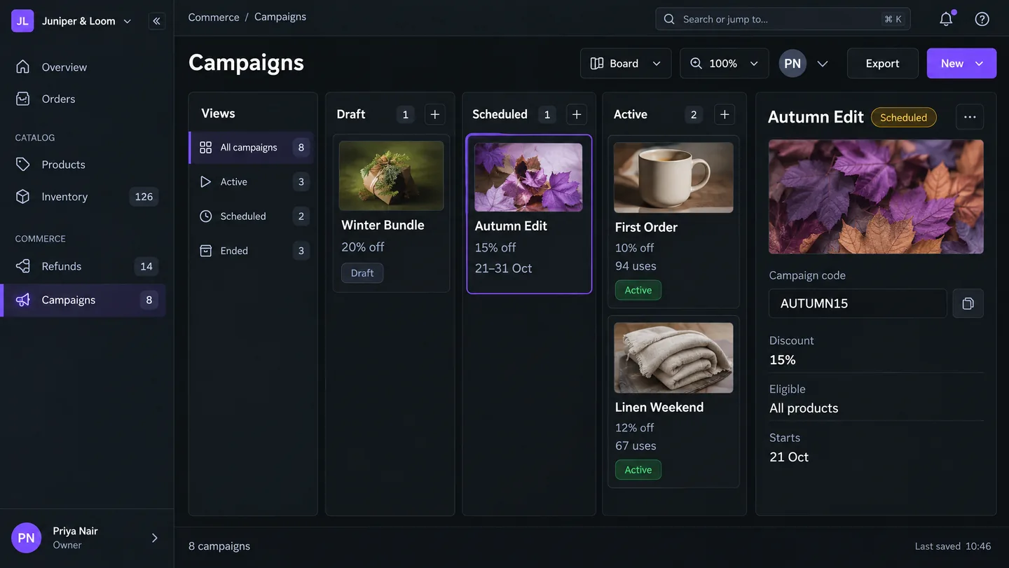Campaigns screen — Review current discount campaigns in a focused planning board and start a new promotion.