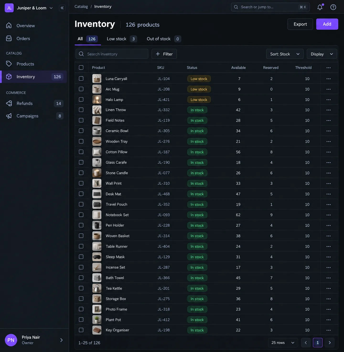 Inventory screen — Manage available stock, identify products below threshold, and open a product for stock-level review.