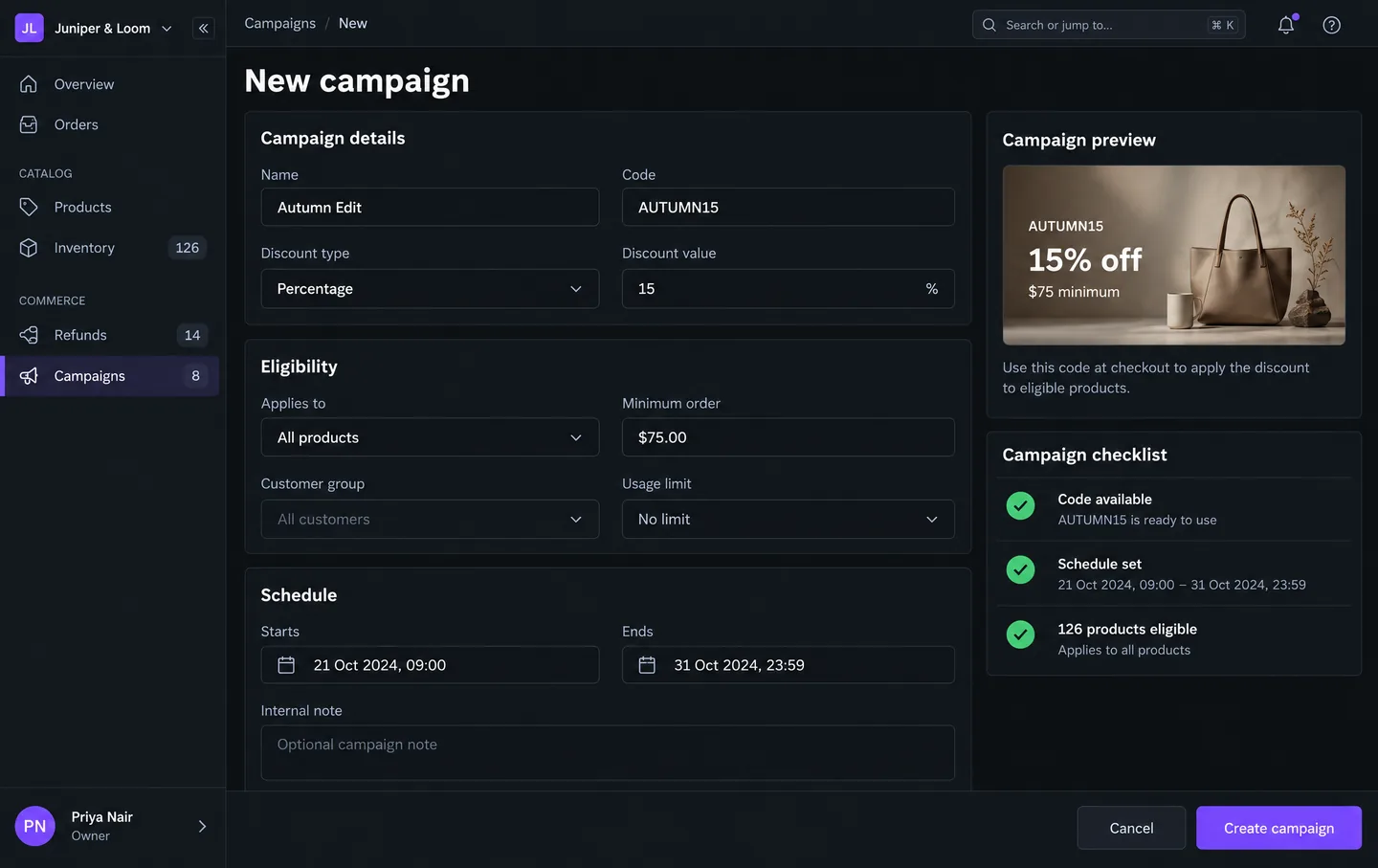 New Campaign screen — Create a scheduled percentage discount campaign with a code, product eligibility, and timing.