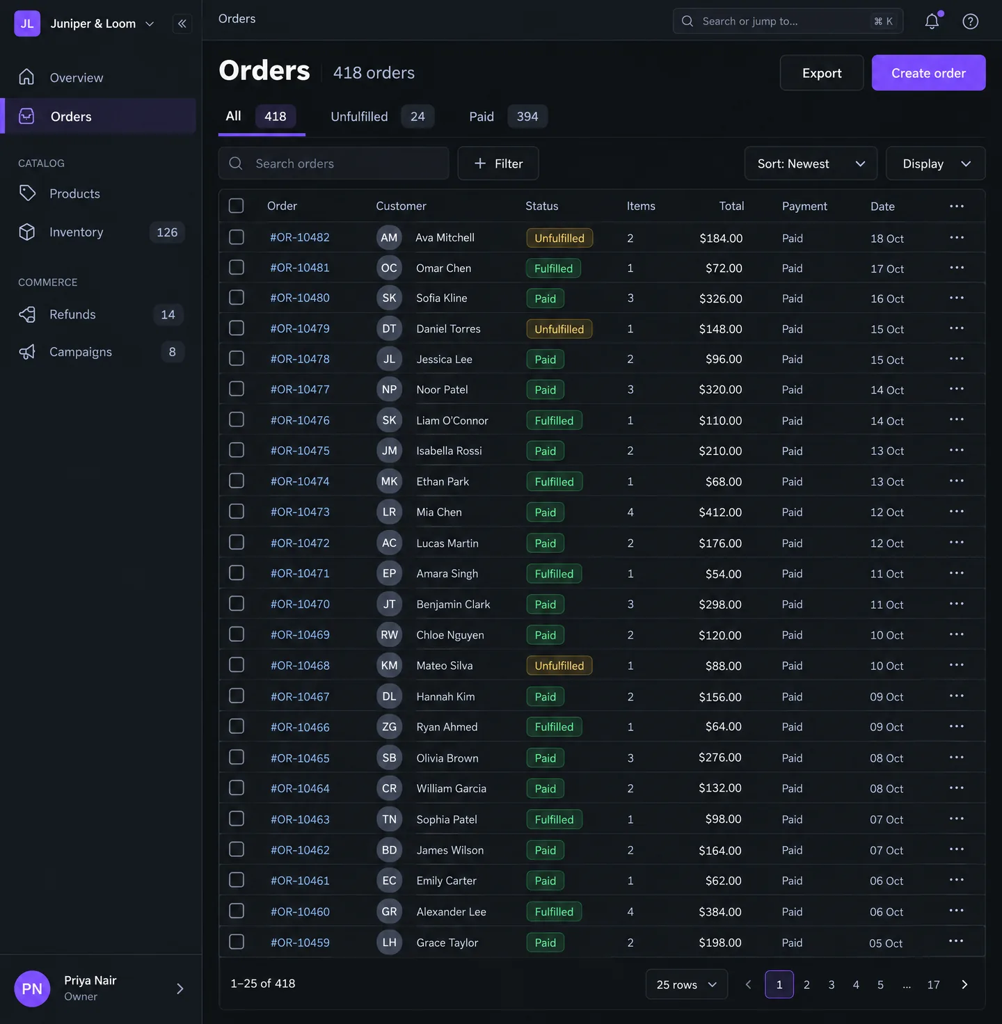 Orders screen — Find customer orders and open an order to inspect fulfilment, payment, and refund actions.