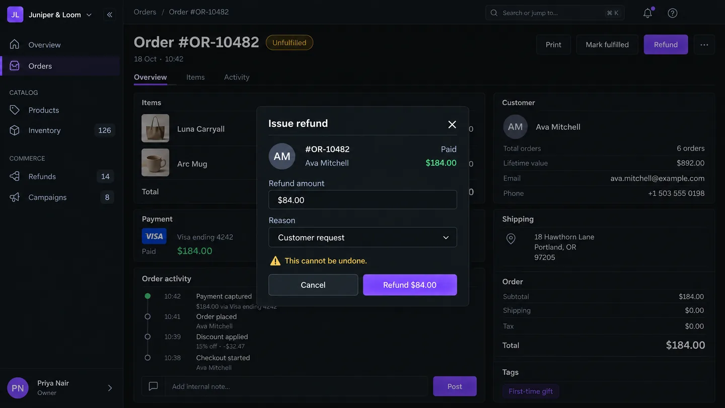 Confirm Refund screen — Confirm the exact partial refund amount for Order #OR-10482 before money is returned.