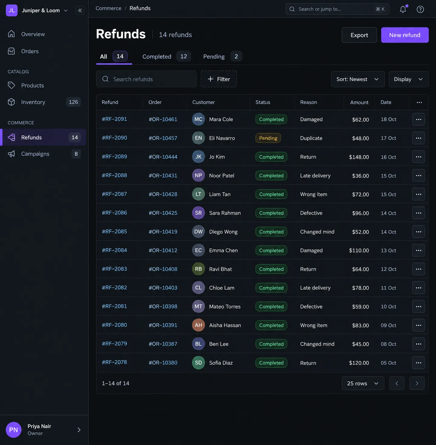 Refunds screen — Review completed and pending refund records across the order book.